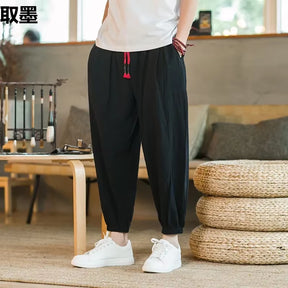 Cotton Linen Bell Bottoms Men'S Summer Thin Harem Pants Chinese Style Loose Fit plus Size Nine Point Bloomers Casual Pants