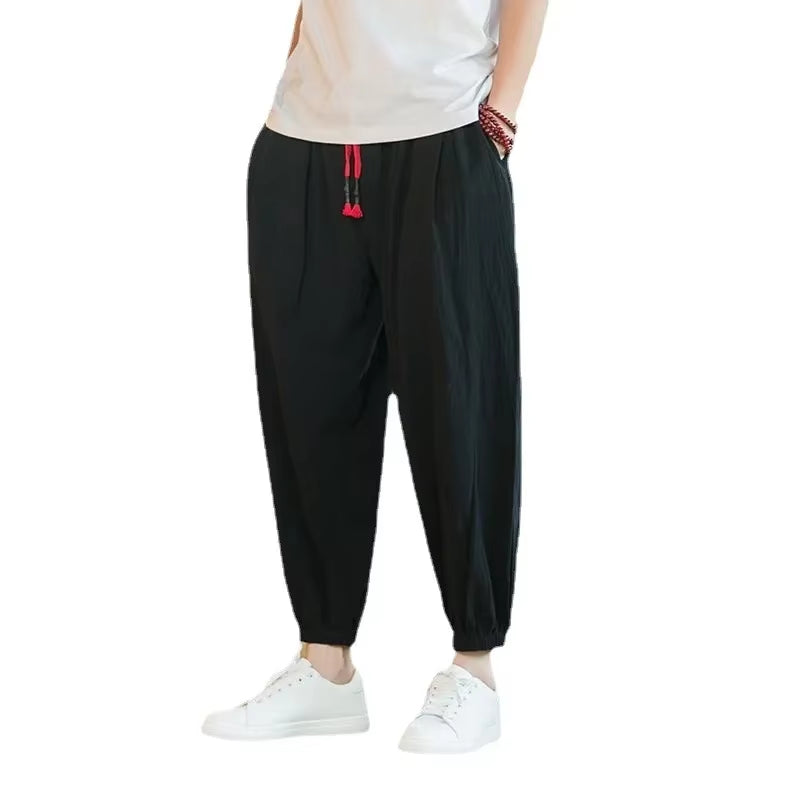 Cotton Linen Bell Bottoms Men'S Summer Thin Harem Pants Chinese Style Loose Fit plus Size Nine Point Bloomers Casual Pants