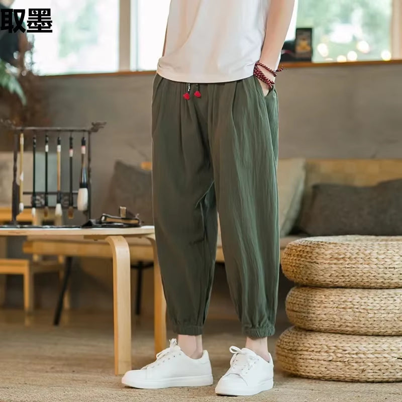 Cotton Linen Bell Bottoms Men'S Summer Thin Harem Pants Chinese Style Loose Fit plus Size Nine Point Bloomers Casual Pants