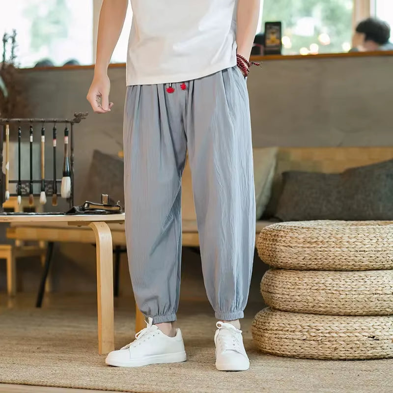 Cotton Linen Bell Bottoms Men'S Summer Thin Harem Pants Chinese Style Loose Fit plus Size Nine Point Bloomers Casual Pants