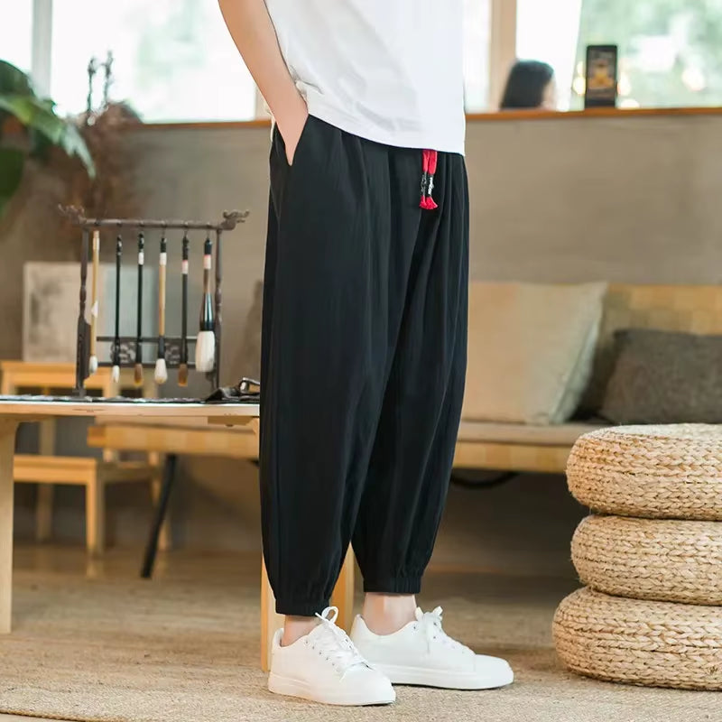 Cotton Linen Bell Bottoms Men'S Summer Thin Harem Pants Chinese Style Loose Fit plus Size Nine Point Bloomers Casual Pants