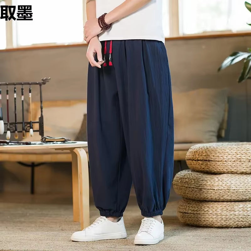 Cotton Linen Bell Bottoms Men'S Summer Thin Harem Pants Chinese Style Loose Fit plus Size Nine Point Bloomers Casual Pants