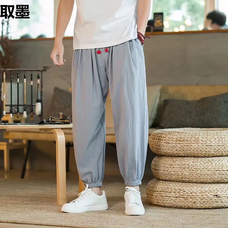 Cotton Linen Bell Bottoms Men'S Summer Thin Harem Pants Chinese Style Loose Fit plus Size Nine Point Bloomers Casual Pants