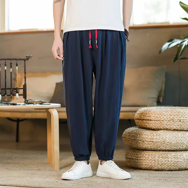 Cotton Linen Bell Bottoms Men'S Summer Thin Harem Pants Chinese Style Loose Fit plus Size Nine Point Bloomers Casual Pants